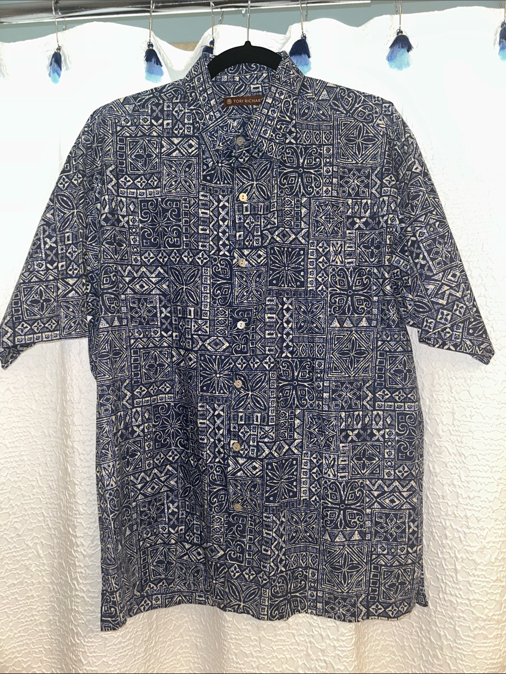 Tori Richard Navy and White Geometric Camp Shirt